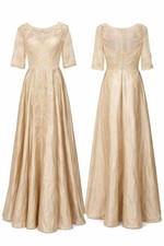 Gold Lace Formal Gown Dress with Sheer Sleeves Mother of the Bride