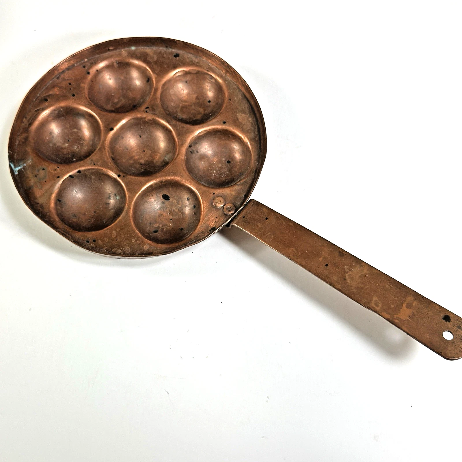 Vintage Escargot Copper Pan 7 Cavity Indent Rustic Kitchenware Long Handle