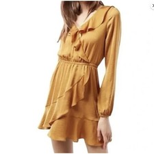 Express Faux Wrap Dress Womens XS Petite Mustard Yellow Excellent Ruffle Mini