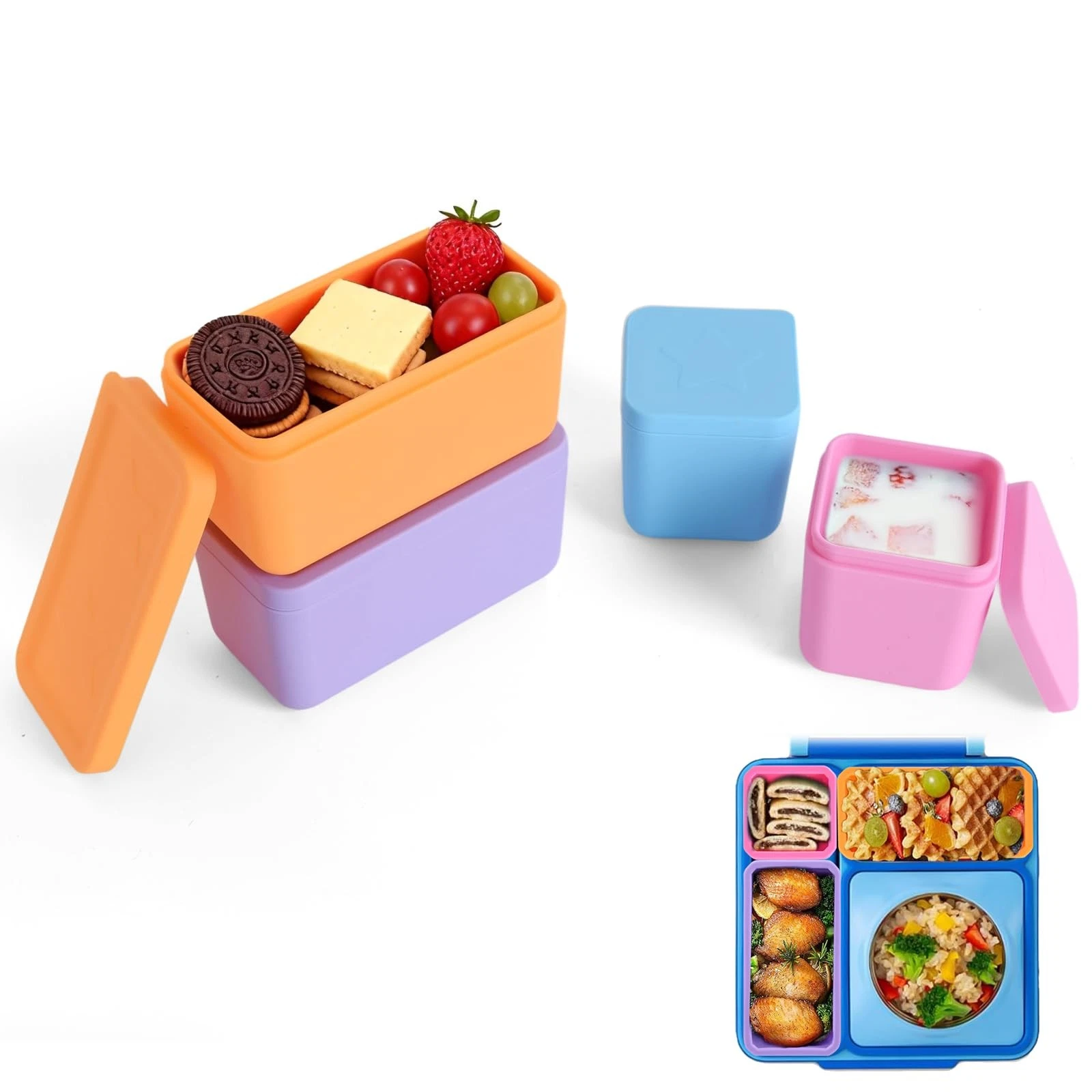 4 Pack Silicone Lunch Containers Compatible with OmieBox, Leak-Proof Bento bo...