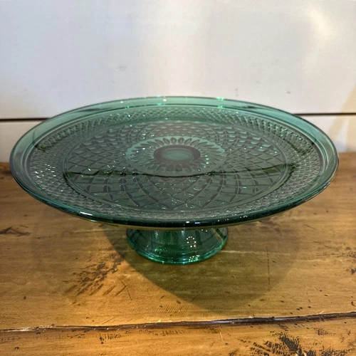 Vintage Anchor Hocking Wexford Green Cake Plate Diamond 12"
