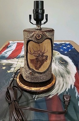 C Ziesmer Knotted Burned Rustic Log Cabin Wood Log Lamp Handmade Elk Deer Buck