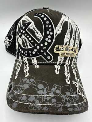 RED MONKEY LOS ANGELES EMBROIDERED SKULL HANDS STUDDED TRUCKER HAT BLK/WHTE RARE