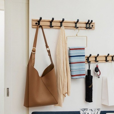 1 Set Bamboo Wood Coat Hat Hook Hanging Clothes Row Hooks for Home (Khaki)