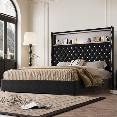 Queen Size Velvet Tufted Soft Bed Frame with USB Port and Night Light,52'' High