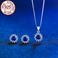 CZ Blue Tanzanite Round Pendant Necklace Earring 925 Sterling Silver Jewelry Set