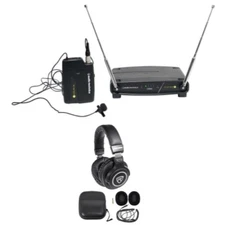 Audio Technica ATW-901a/L Wireless Lavalier Microphone Mic + Samson Headphones