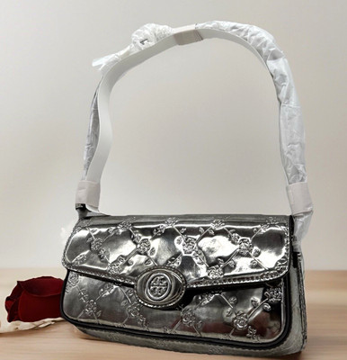 NWT $448 Tory Burch Robinson Floral E/W Metallic Leather Shoulder Bag-Pewter