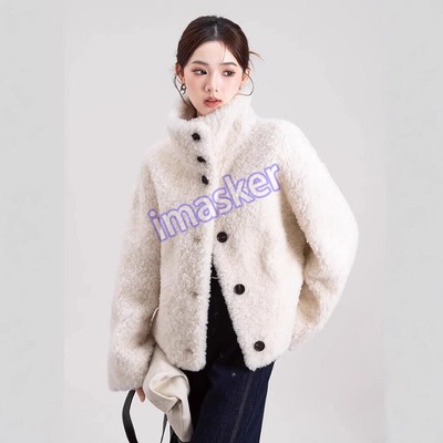 Winter Stand-up Collar Sheep Shearing Fur Jacket Lamb Wool Trench Coat Sz