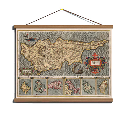 Ancient 1607 Old Antique Map Of Cyprus & 6 Greek islands; Canvas, Wooden Hanger