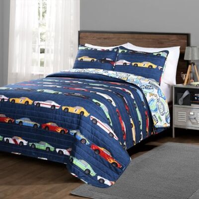 Race Car Kids' 2piece Quilt Bed Set Reversible Bedding Set For Boys Navy Twin
