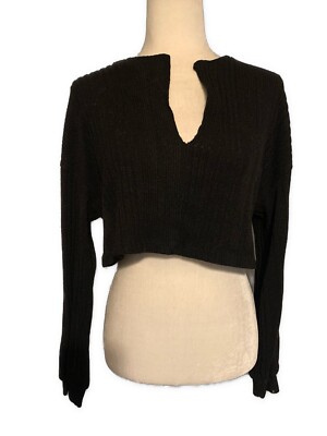SHEIN Womens Solid Black Ribbed Crop V Neck Long Sleeve Sweater Top Medium 