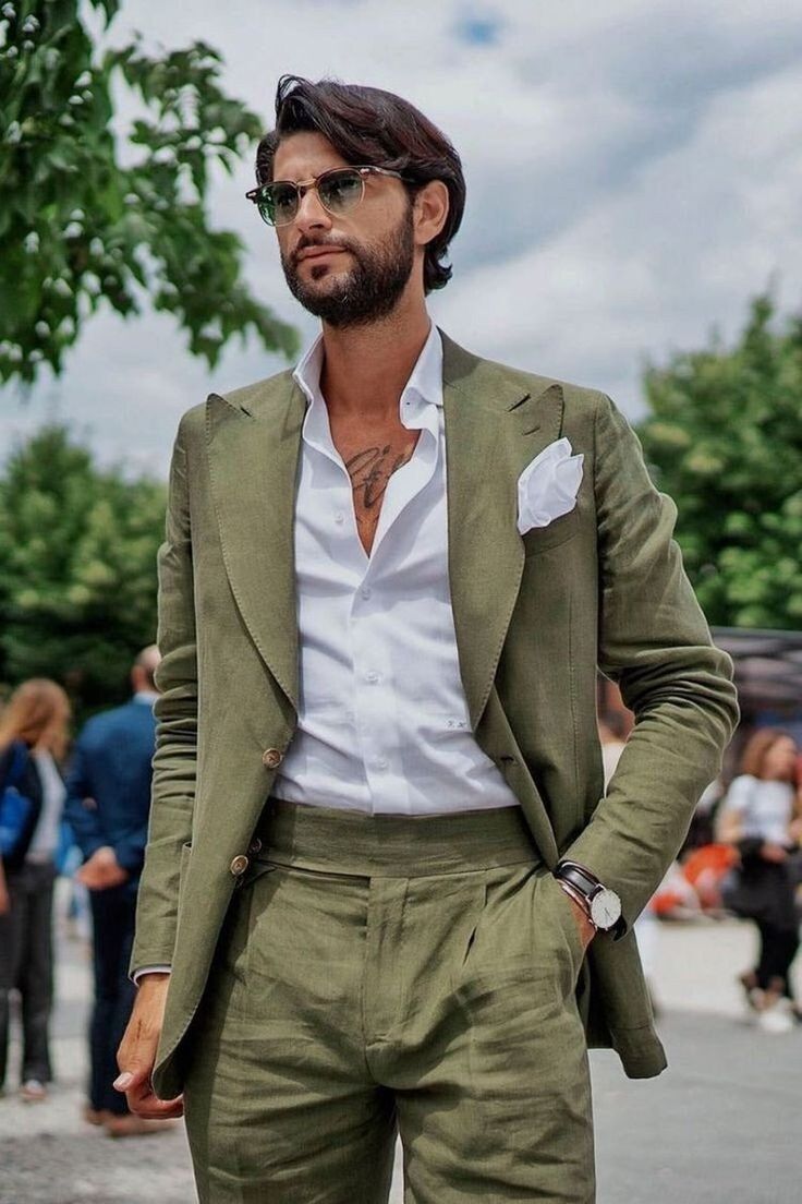 Men Linen Suit Olive Green Summer Casual Party Prom Tuxedo Wedding Dress  Custom