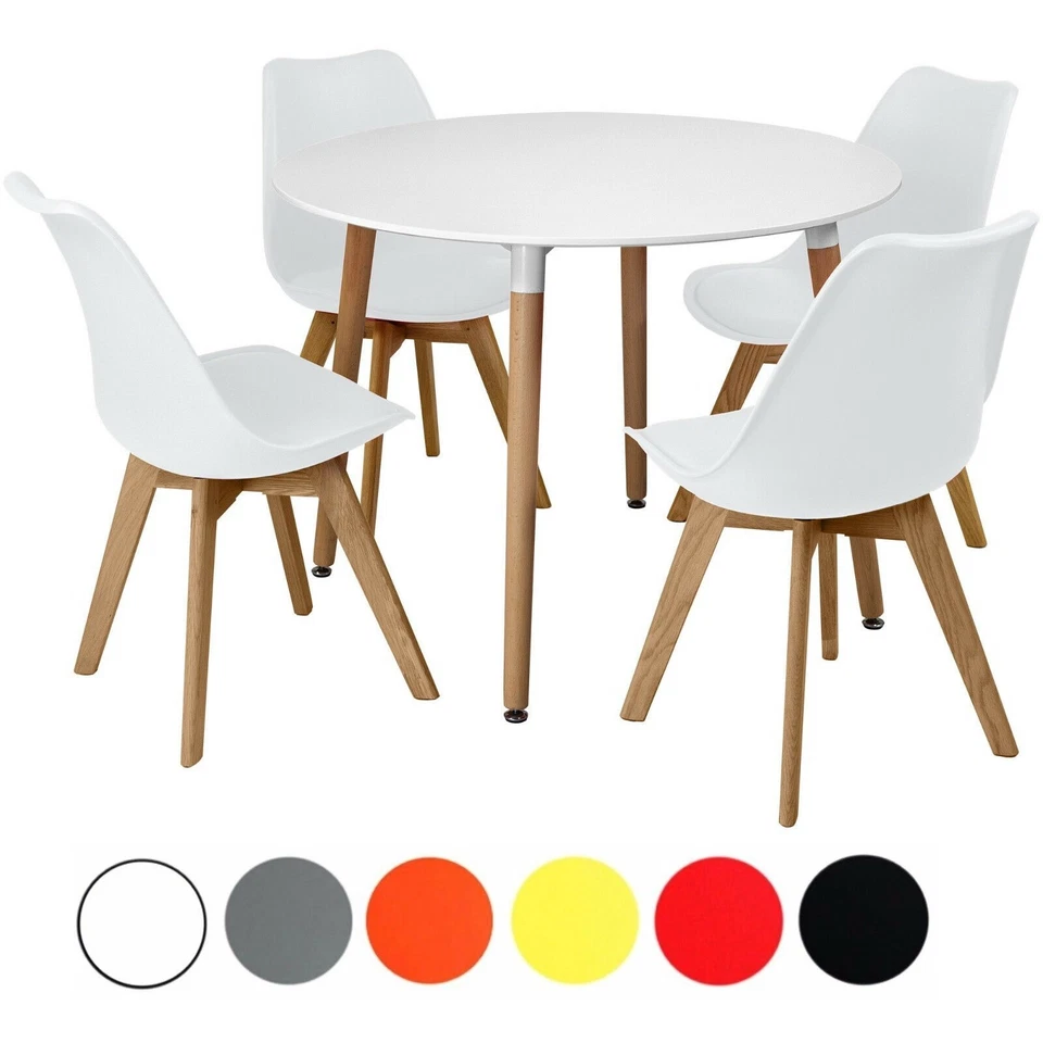 Circular Dining Table Set Four 4 Dinner Kitchen Chairs White Solid Beech Wood