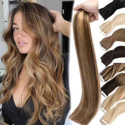 DICK 60Tressen Tape In Extensions Remy Echthaar Haarverlängerung Skin Weft Glatt - Bild 1 von 4