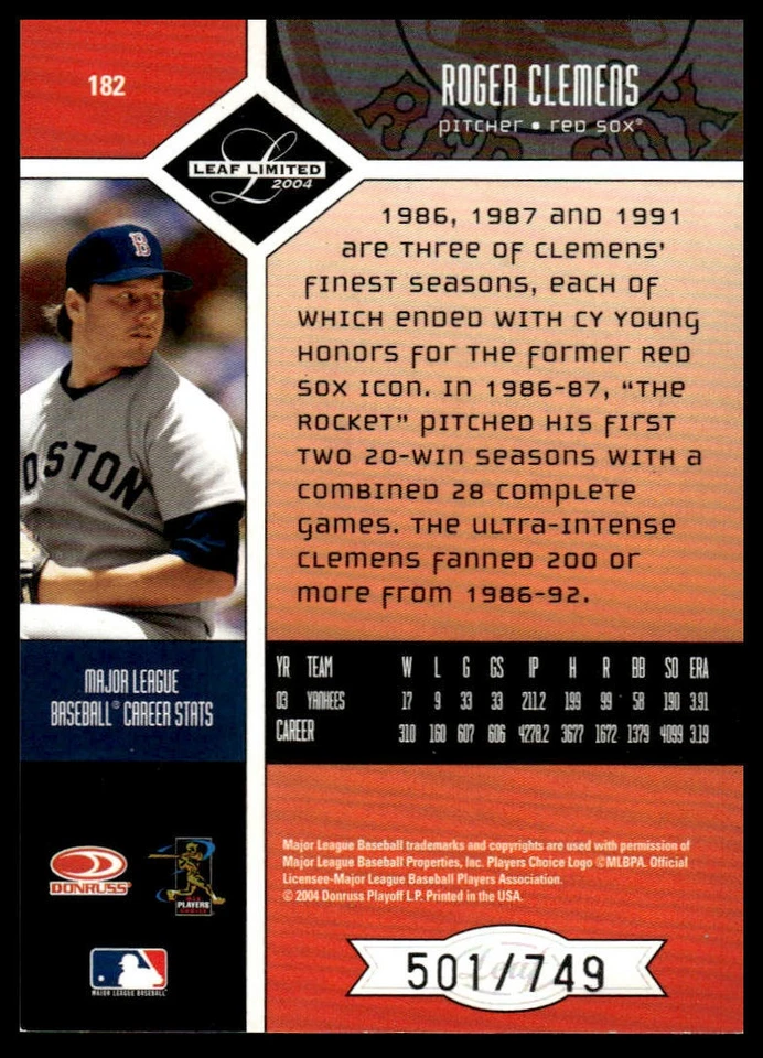 2004 Leaf Limited #182 Roger Clemens #/749 - Image 2 of 2