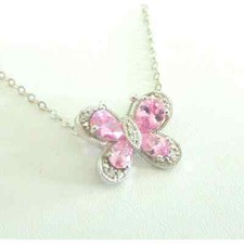 Pink Rhinestone  CZ BUTTERFLY NECKLACE 18" Silver Tone Girls Jewelry Box