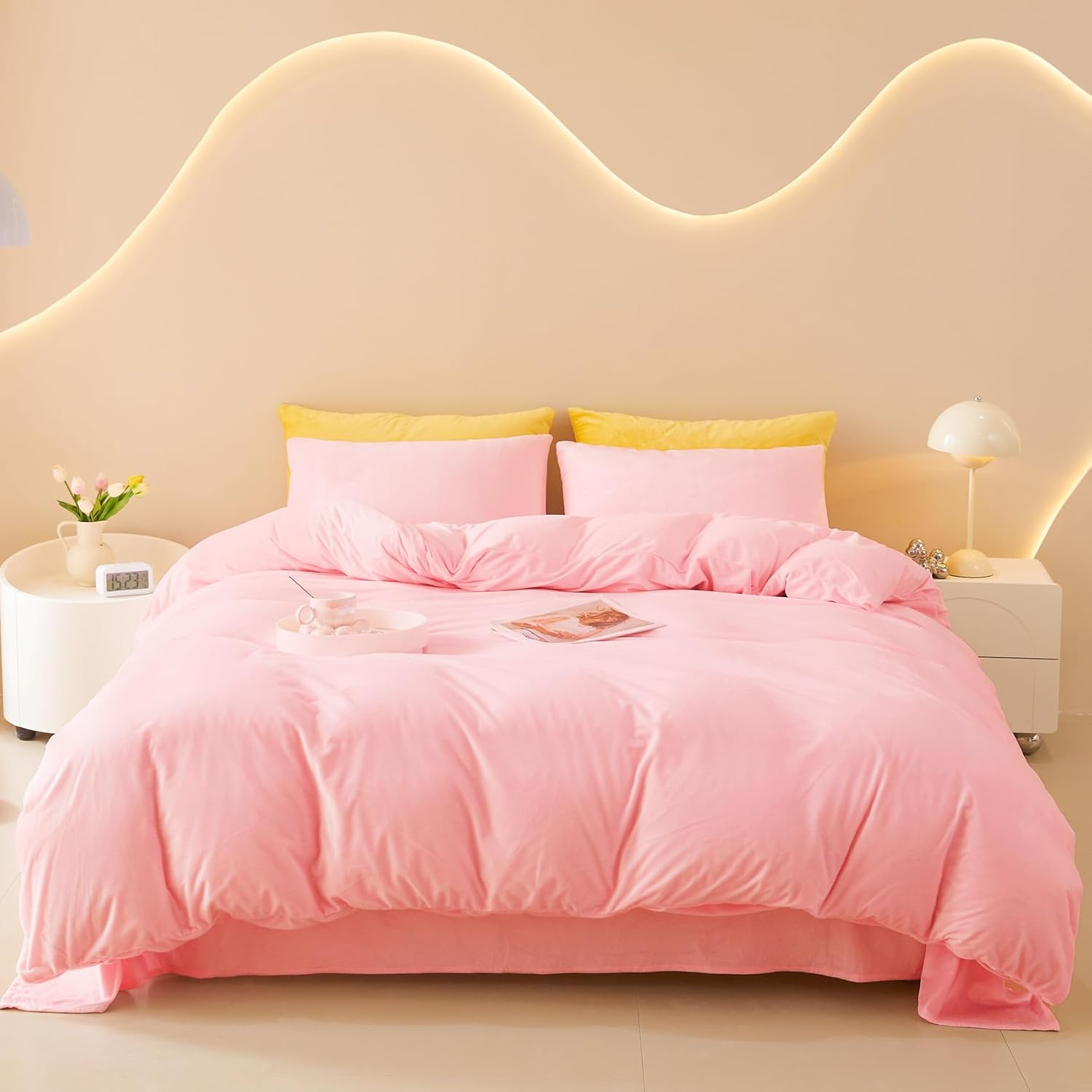 Pink Velvet Duvet Cover Queen Set - Ultra Soft Pink Velvet Bedding Sets 3 Pieces