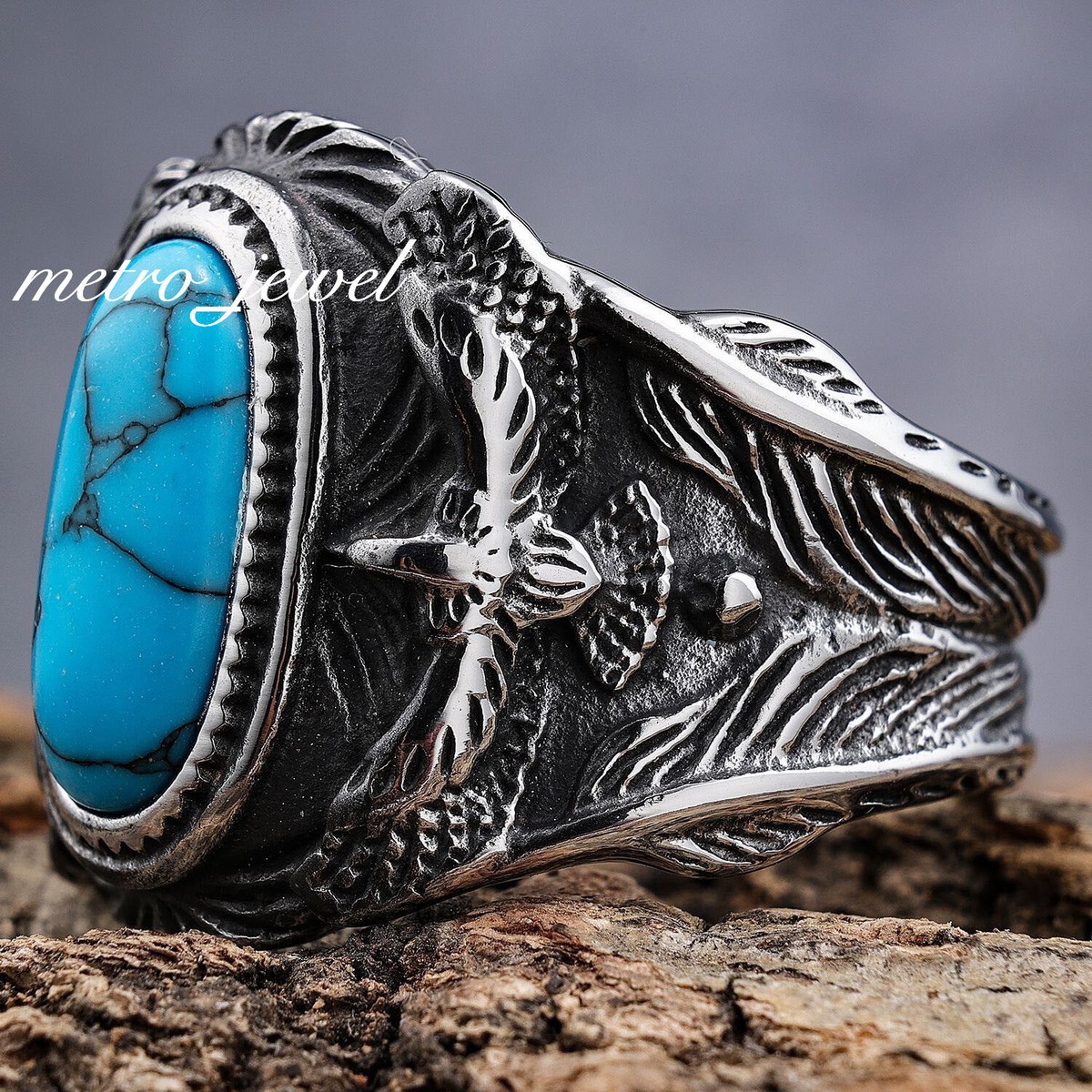 JXC Men's Large Native Indian Turquoise Stone Eagle Biker Ring For