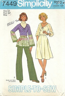 Simplicity 7449 Peasant Dress or Top w Drawstring Neck Pants Sz 14 UNCUT  70s