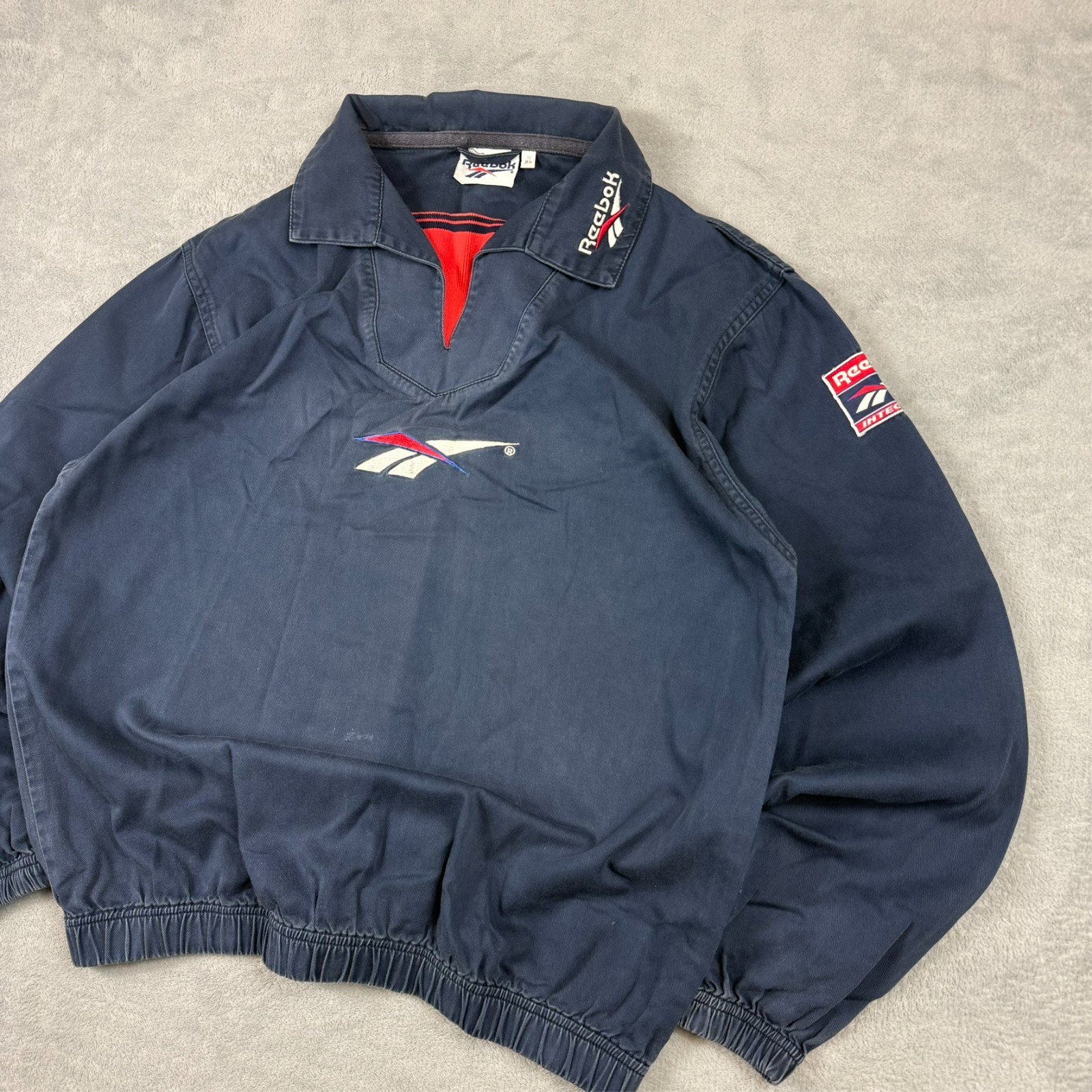 VTG Reebok 1990's Navy Blue Vector Logo Size 34" / Small Drill V Neck Sweatshirt image 3