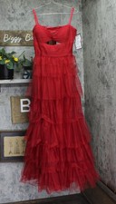 Blondie Nites Juniors Mesh Tiered Spaghetti Strap Gown Dress 4637BN Red 15