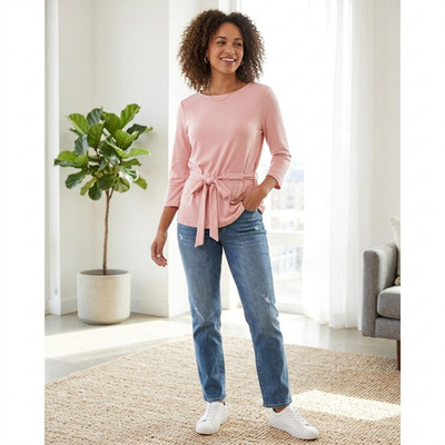 Halogen Pink Knit Top Side Tie at Waist Medium Cozy Soft Lounge Casual