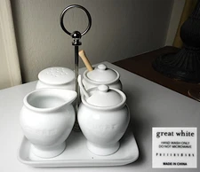 Pottery Barn GREAT WHITE Condiment Set - Cream, Sugar, Sprinkles, Honey and Tray