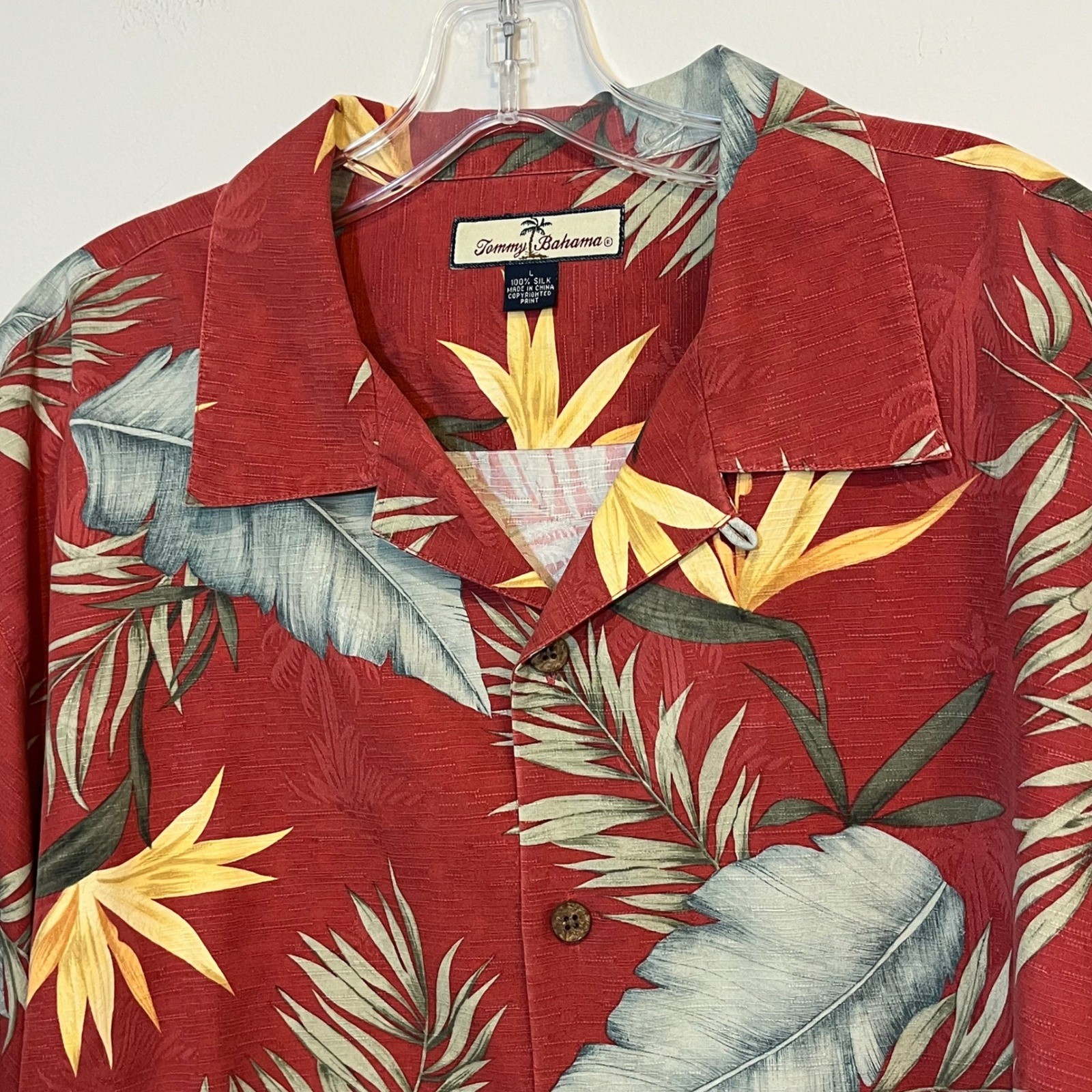 Tommy Bahama Shirt Hawaiian 100% Silk Button Down Short Sleeve Red Palm Print L
