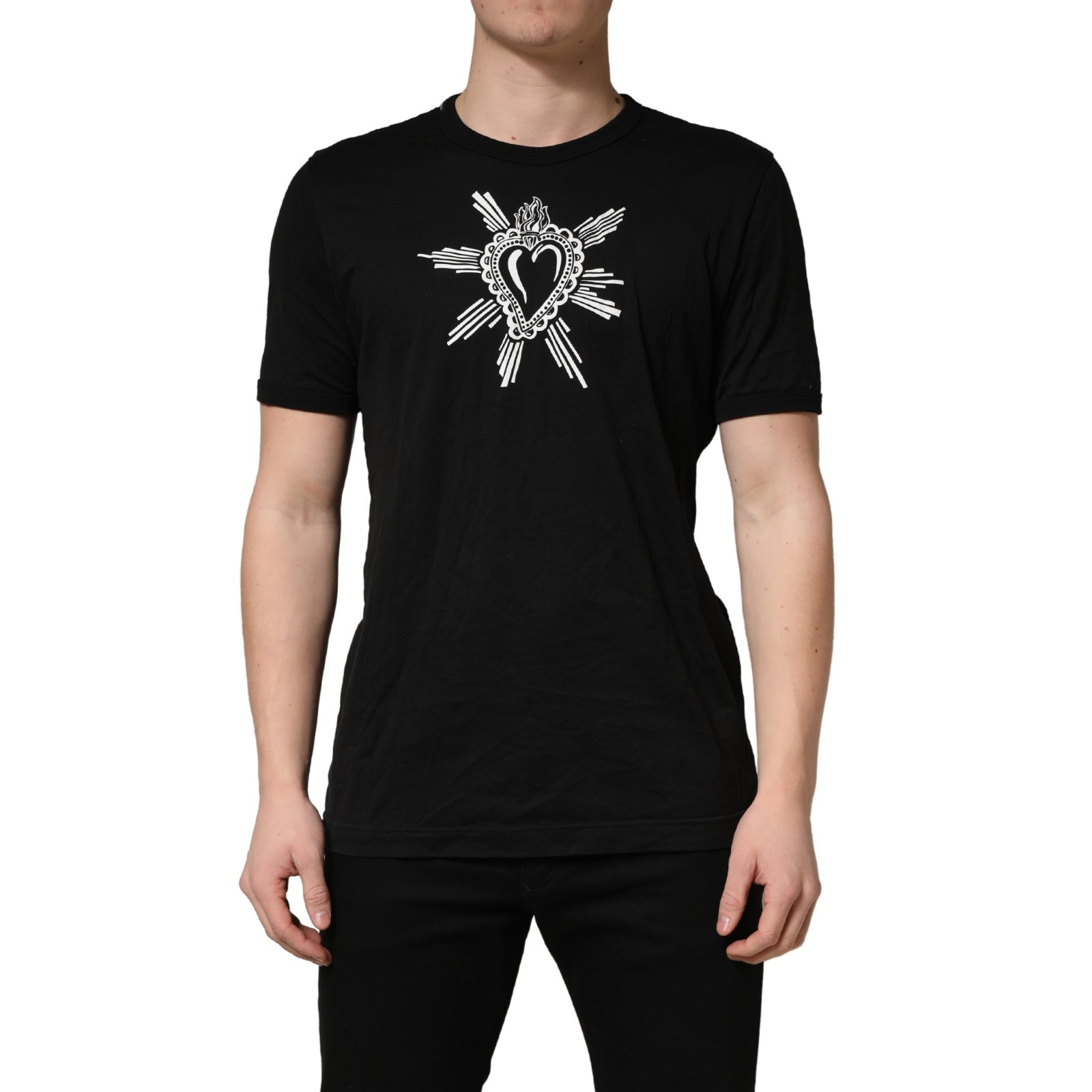 DOLCE & GABBANA T-shirt Black Cotton Sacred Heart Crew Neck IT50/US40/L 370usd