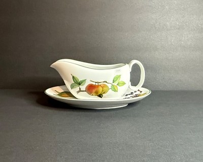 Royal Worcester Evesham Vale (Green Trim) Gravy Boat and Detached Under Plate
