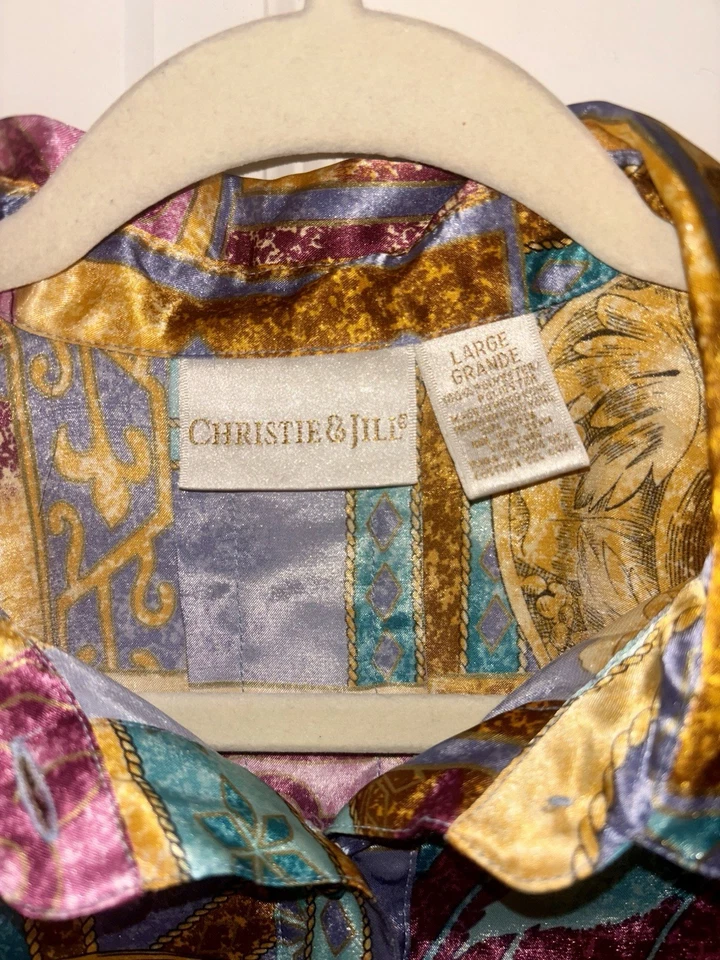 Blusa Christie & Jill vintage para mujer talla L satinada floral geométrica carrera Foto 3 de 4