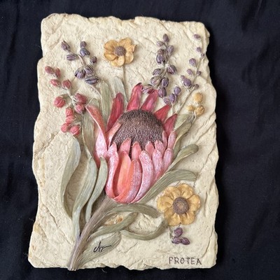PROTEA 3D Floral Wall Art Plaque 6x4.5  Textured Ceramic Tile WILD Flower Design