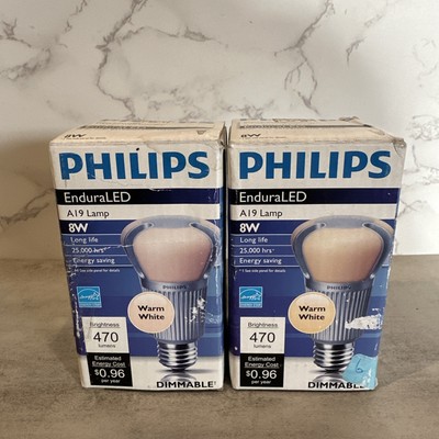 2 Philips A19 Lamp 8 Watt LED Dimmable Warm White 470 Lumens 2700K