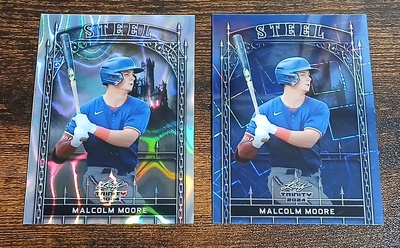 (2) 2024 Leaf Trinity Mega Box Malcolm Moore #S-68 Steel Lazer Blue /99 & /290