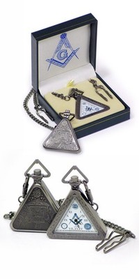 Masonic Triangle Pocket Watch Pewter Tone Freemasonry Square Compass Gift Box 