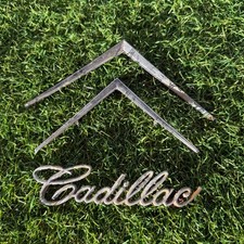 Vintage 60s Cadillac Script Emblem and Chrome Chevron V Shape Badges 3 Piece Set