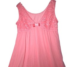 Vintage Shadowline Nightgown Large Pink Nylon Lace Overlay Bow Intimate Romantic