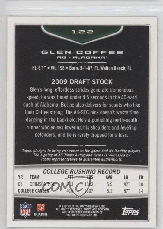 2009 Bowman Draft Picks Rookie Auto Glen Coffee #122 Auto RC - Image 2 of 2