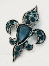 00029 Fluer de Lis Turquoise/Blue Rhinestones Silver-Toned 3" 1960s Vintage Pim