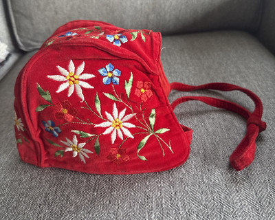 Vintage Max Hurni Swiss Red Alpine Floral Embroidered Youth Folk Bonnet Heidi