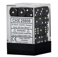 Black with White Dice Block, 12mm D6, Pack of 36 12mm, Various