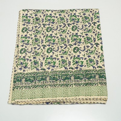 Green Blue Floral Block Print Kantha Quilt Handmade Cotton Bedspread Boho Throw