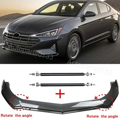 Carbon Fiber Style For Hyundai Elantra Front Bumper Chin Lip Splitter+Strut Rods