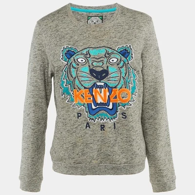 Sweat-shirt en coton brodé tête de tigre gris Kenzo L - Photo 1/4