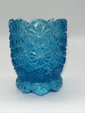 Vtg L E Smith Glass Daisy & Button Turquoise Aqua Teal Blue Toothpick Holder