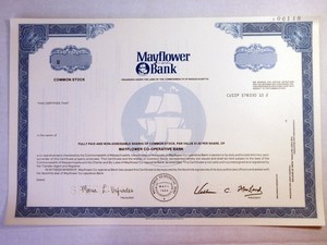 MA. Mayflower Co-Operative Bank, ND(1990s). Specimen Stock Cert., XF-AU, S-CBNC.
