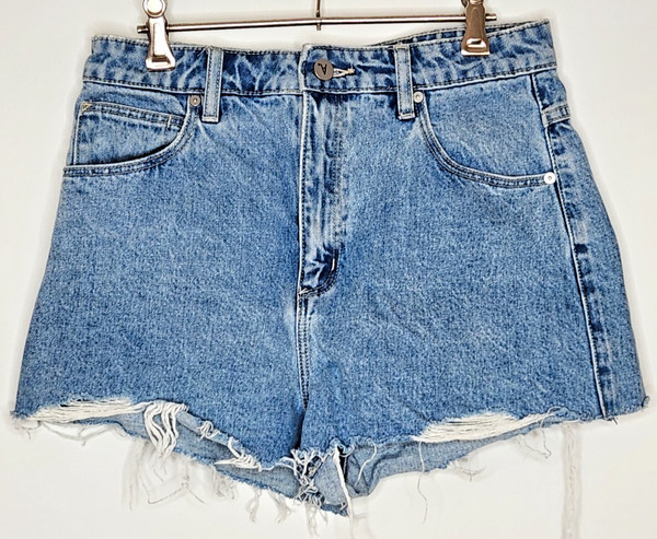 A Brand Light Blue denim raw edge cut off shorts high rise Sz 10 Women's