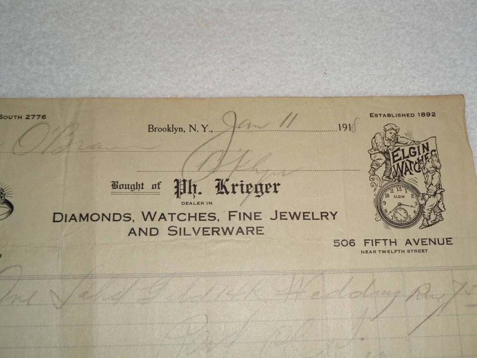 1918 Solid Gold 14K Wedding Ring Krieger Brooklyn, New York Rare Antique Receipt - Image 4 of 4