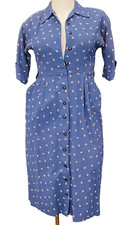 Vintage 1940s blue linen dress novelty print thread needle wiggle short sleeve L